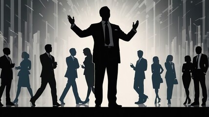 Silhouette of a suited businessman, arm outstretched in a gesture of congratulations, success theme.