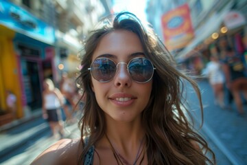 Young woman smiling taking selfie on shopping street