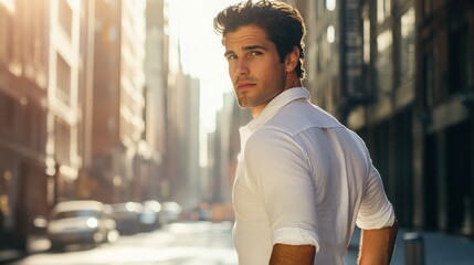 A man in a white shirt glancing over his shoulder with a confident expression in a sunlit urban street.

