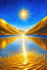 Poster - Golden sun reflecting on a tranquil lake surrounded by trees.