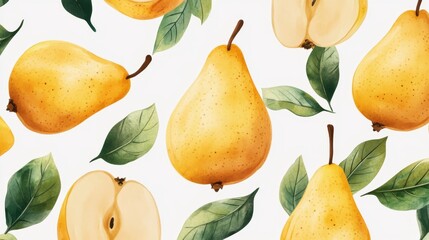 Close up cartoon pears and leaves on a white background. Pear fruit texture