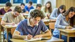 © Man888 - A concentrated student sits at a desk surrounded by notes and textbooks, taking a challenging exam in a modern Israeli university classroom setting.