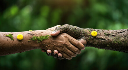 Closeup of two hands handshake adorn with mosses and flowers. embracing nature beauty, grateful for essential resources for human survival concept.