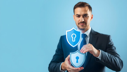 Wall Mural - Protection network security computer and safe your data concept, Businessman holding shield protect icon isolated with white highlights, png