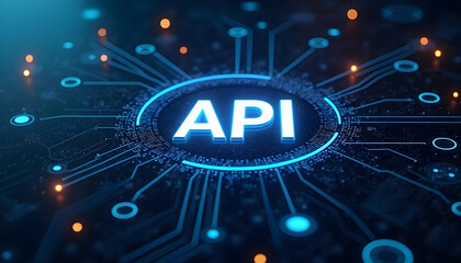 A 3D rendering of the acronym API Interface on a Circuit Board with Blue Glowing Lines and Orange Lights