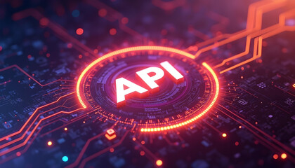 A 3D rendering of the acronym API on a Circuit Board with Glowing Lights