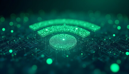 Sticker - Green Wi-Fi Symbol Constructed from Illuminated Particles on a Circuit Board