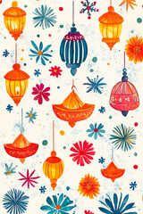 seamless background with flowers, marigold garlands, and lanterns Diwali holiday happy Dussehra