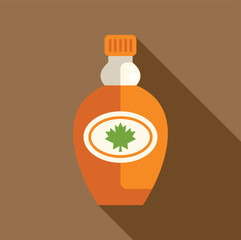 Canvas Print - Glass bottle containing maple syrup is standing in front of a brown background