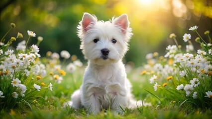 Adorable West Highland White Terrier puppy sits on a green meadow, showcasing its fluffy white coat, button eyes, and cute nose, surrounded by blooming flowers.