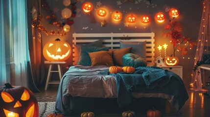 Wall Mural - A bedroom with cute Halloween-themed decorations.