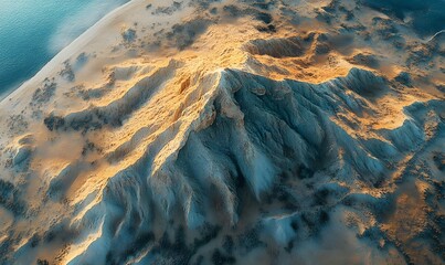 Wall Mural - Aerial View of a Rugged Mountain Range with a Touch of Blue Water