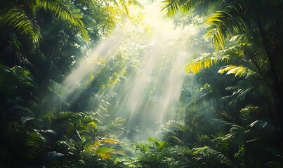 Wall Mural - Sunbeams Filtering Through Dense Tropical Foliage