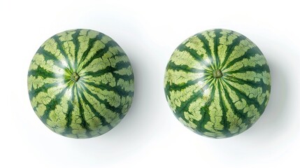 Wall Mural - Two perfectly shaped watermelons sit side by side. Their bright green skins show vivid stripes. This image captures freshness and summer vibes. Ideal for food related designs. AI