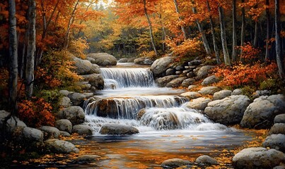 Wall Mural - Autumn Waterfall Cascading Through a Forest