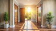 © Man888 - A bright, inviting hallway beyond an open wooden door, flooded with natural light, leading to a welcoming and serene interior space.