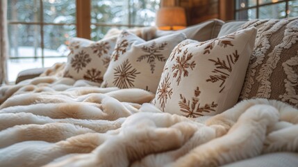 Wall Mural - Create a cozy winter wonderland in your home with plush throw blankets, fluffy pillows, and festive snowflake-patterned decor.