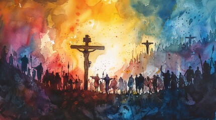 Wall Mural - Passion of the Christ: A Watercolor Illustration of the Crucifixion on Good Friday, as Described in the New Testament