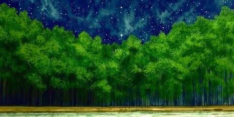 Sticker - nature painting, forest meadow, deep greens, night time, dark, stars, moonlight, magic 