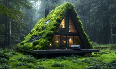 Wall Mural - A-Frame Cabin Covered in Moss in a Misty Forest