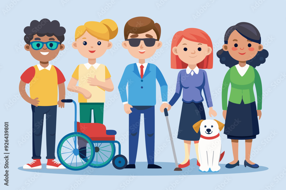 Group of characters with disabilities. People and disability. Blind ...
