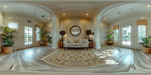 Poster - An immersive 360-degree equirectangular projection spherical panorama of a tech-savvy retirement home, with health monitoring devices, assistive technology