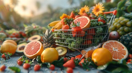 Poster - An evocative scene depicted in a 3D illustration, featuring a supermarket shopping cart overflowing with fresh grocery products, from bread