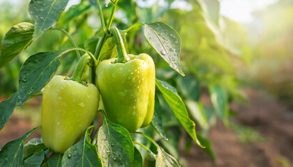 Wall Mural - Ripe and fresh peppers on bush. Organic agriculture. Natural and healthy food. Autumn harvest.