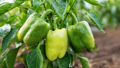 Wall Mural - Ripe and fresh peppers on bush. Organic agriculture. Natural and healthy food. Autumn harvest.