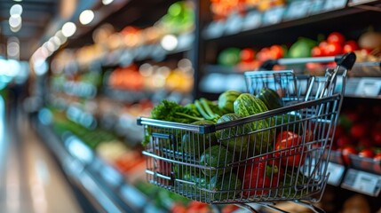 Wall Mural - A vibrant 3D illustration portraying a shopping cart overflowing with farm-fresh produce, crisp vegetables, and ripe fruits, illustrating the essence