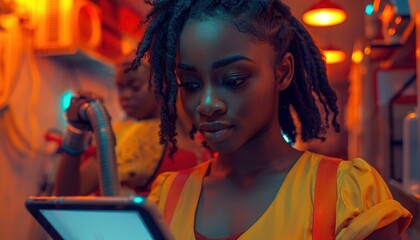 Canvas Print - Cleaning service. Young african woman using tablet application watching her colleague assistant 