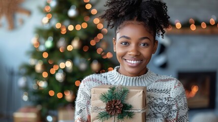 Wall Mural - A charming woman showcasing a radiant smile while indicating a beautifully adorned box, her expression reflecting the joy of the