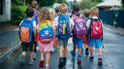 Back to school concept, happy group of children walking to school. Young girls & boys with backpacks & rucksacks. Inclusive positive education banner