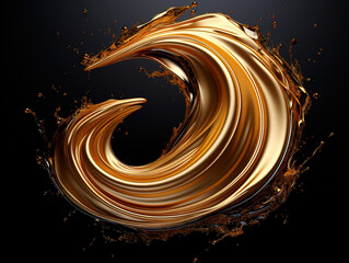 Wall Mural - Attractive 3d rendering, round gold liquid splash, metallic wave, swirl, cosmetic oil