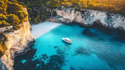 Wall Mural - Secluded cove with crystal clear turquoise water, white sandy beach, towering limestone cliffs, lush vegetation on top, small white boat anchored near shore, calm Mediterranean Sea,.