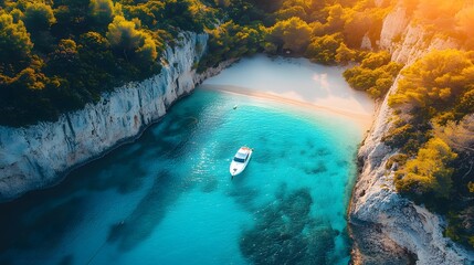 Wall Mural - Secluded cove with crystal clear turquoise water, white sandy beach, towering limestone cliffs, lush vegetation on top, small white boat anchored near shore, calm Mediterranean Sea,.