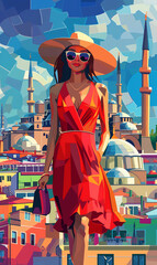 Stylish woman in a vibrant digital illustration with Istanbul background.