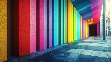 Wall Mural - A long hallway with colorful walls and a bright blue ceiling