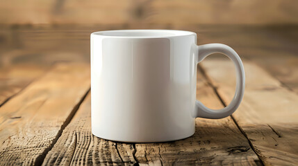 A white coffee mug sits on a wooden table