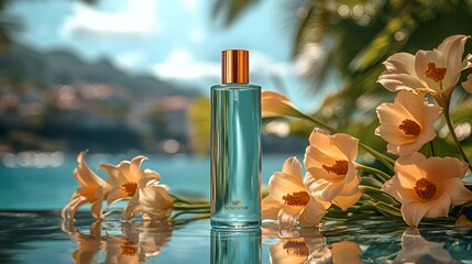 A glass bottle of blue perfume with a gold cap sits on a rippling blue surface with white flowers around it.