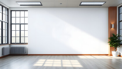 Wall Mural - Blank wall in bright office mockup with large windows and sun passing through 3D rendering isolated with white highlights, png