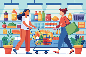 Woman with a grocery cart in the supermarket. Buying food. Customer at a retail grocery store
