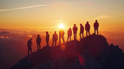 Wall Mural - Silhouette of team stand and feel happy on the most hight at the mountain on sunset, success, leader, teamwork, target, Aim, confident, achievement, goal, on plan, finish, generate by AI.