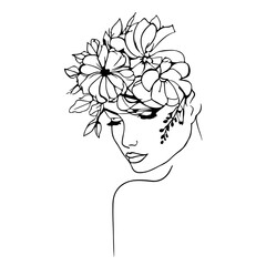 Wall Mural - Abstract Linear Vector Drawing of Female Portrait with Flowers on Head. Outline Trendy Drawing of Female Beauty Face. Fashion Illustration