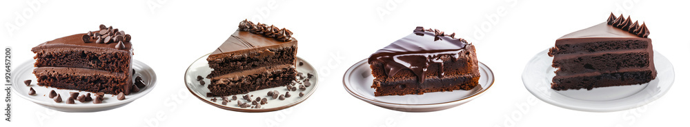 Delicious slice of chocolate cake with rich frosting on a white plate ...