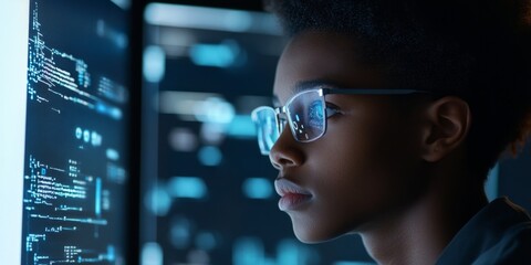 Inclusive Digital Education: African American IT Student Mastering Computer Science, Coding, and AI. Abstract Creative Pattern for Online Learning, Cybersecurity, and Artificial Intelligence. Dreamy 4
