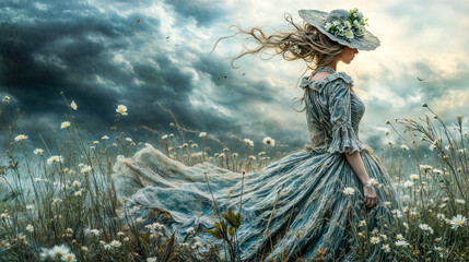 Jeune fille en robe et chapeau dans un champ de fleurs blanches avec un ciel orageux