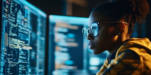 Inclusive Digital Education: African American IT Student Mastering Computer Science, Coding, and AI. Abstract Creative Pattern for Online Learning, Cybersecurity, and Artificial Intelligence. Dreamy 4