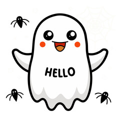 A ghost with rosy cheeks and the word HELLO