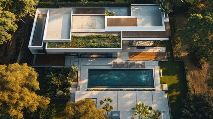 Top view of a modern Indian design studio with sleek lines and integrated outdoor spaces